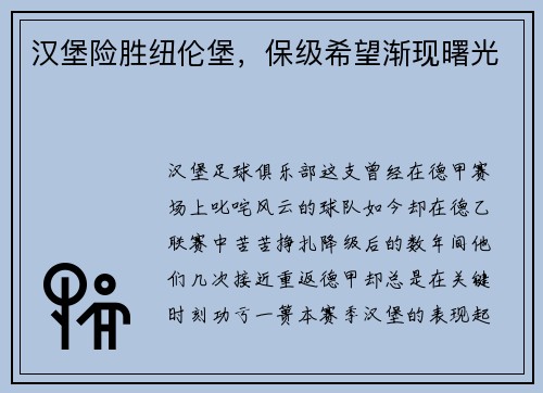 汉堡险胜纽伦堡，保级希望渐现曙光