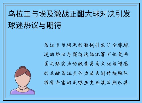 乌拉圭与埃及激战正酣大球对决引发球迷热议与期待