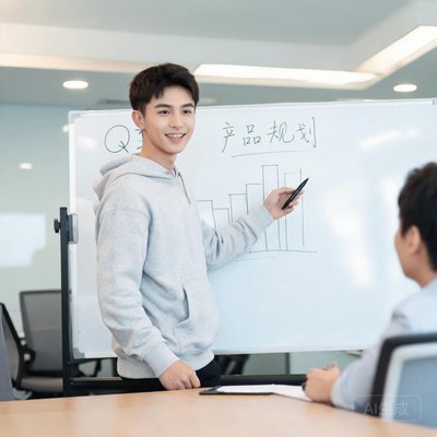 开云体育产品VP王浩然，28岁，年轻有活力，穿着休闲卫衣，在会议室白板前讨论